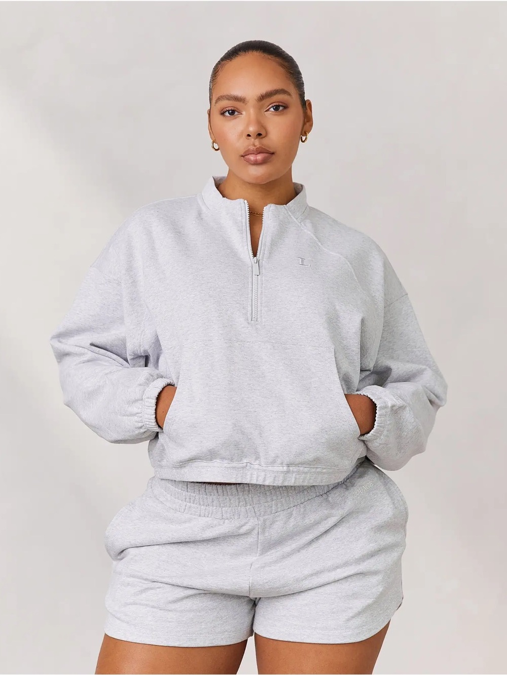 LOUNGE Varisty Quarter-Zip Pullover Sweatshirt & Short set *BROWN NOT GREY**